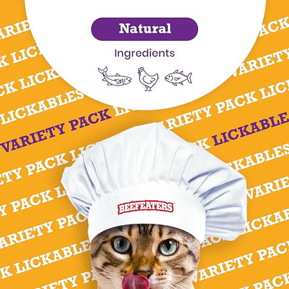 Beefeaters Cat Treats Variety Pack Lickable Puree 48ct – Salmon, Tuna &amp; Chicken, Grain-Free, Taurine-Enriched, Ideal for Training &amp; Interactive Feeding