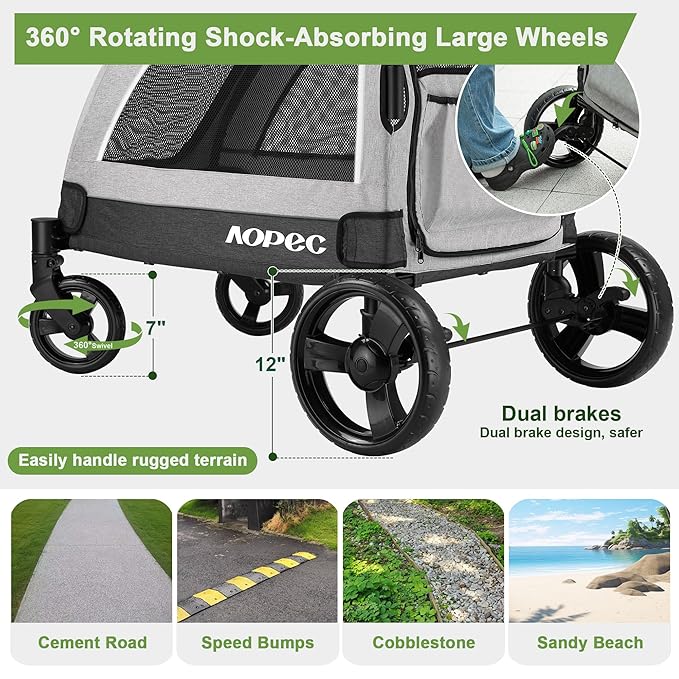 Large Dog Stroller - Dual Entry Safety Folding Pet Stroller with Adjustable Handle, All-Terrain 4-Wheel, 160 lbs Weight Capacity for Travel &amp; Outdoor Adventures - Gray