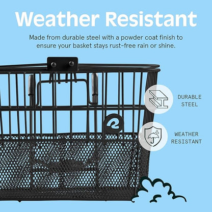 Retrospec Apollo Detachable Front Bike Basket Steel Half-Mesh with Integrated Detachable Hooks and Built-In Handle, Easy Assembly and Portability for Bicycles
