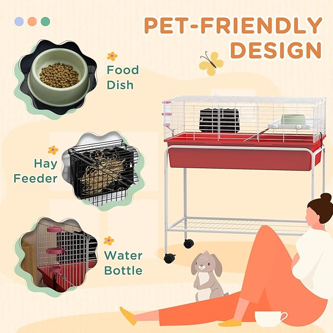 PawHut Two-Story Small Animal Cage Removable from Stand, Guinea Pig Cage with Shelf &amp; Wheels, Pet Habitat for Hedgehog, Chinchilla, Ferret, 33" x 18.5" x 35", Red