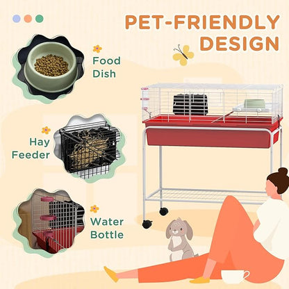 PawHut Two-Story Small Animal Cage Removable from Stand, Guinea Pig Cage with Shelf &amp; Wheels, Pet Habitat for Hedgehog, Chinchilla, Ferret, 33" x 18.5" x 35", Red