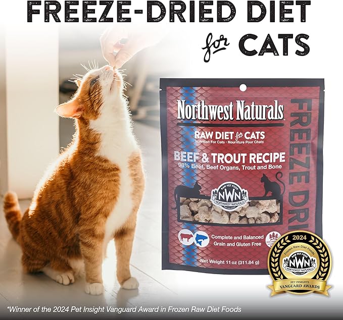Northwest Naturals Freeze-Dried Beef &amp; Trout Cat &amp; Kitten Food, Bite-Sized Nibbles, Healthy, Limited, Human-Grade Ingredients, All-Natural, High-Protein Raw Diet, Complete &amp; Balanced, Grain-Free 11 oz