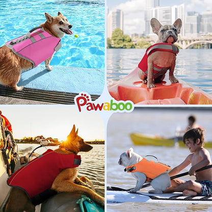 Pawaboo Dog Life Jacket, Reflective Dog Safety Vest Adjustable Pet Life Preserver with Strong Buoyancy &amp; Sturdy Rescue Handle, Ripstop Dog Lifesaver Vests for Swimming, Boating, L, Orange