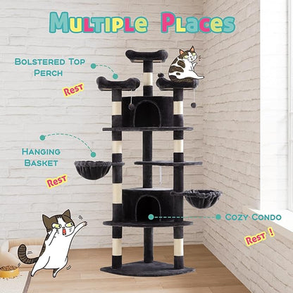 SHA CERLIN 73in Fan-Shaped Corner Cat Tower for Save Space/Multi-Level Tall Cat Tree for Indoor Kitties/Condo with Baskets/Cozy Perches/Sisal Scratching Posts/Pet Activity House/Dark Grey