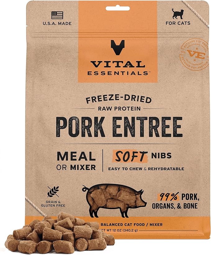 Vital Essentials Freeze-Dried Raw Pork Meal or Mixer Cat Food Soft Nibs | 99% Pork, Organs &amp; Bone | 12 oz