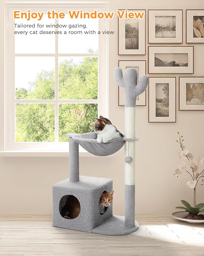 Cactus Cat Tree Cat Scratching Post 40" Cat Tower with Large Metal Carpet Hammock, Cat Scratching Post for Indoor Cats with Condo&amp; Dangling Ball, Grey