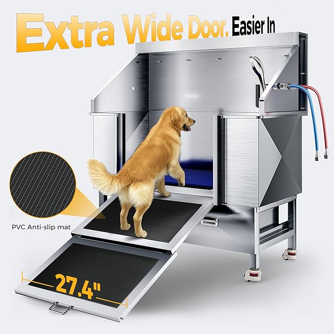 50" Dog Washing Station - 304 Stainless Steel, 27.4" Wide Ramp, Water-Storing Dog Bathing Station w/Swivel Wheels, Pet Proof Faucet, 2 Drawers, Dog Bathtub for Medium &amp; Small Dogs