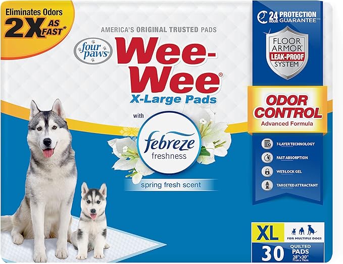 Four Paws Wee-Wee Odor Control with Febreze Freshness Pee Pads for Dogs &amp; Puppies, Leak-Proof Dog Housebreaking Potty Training Floor Protection, Spring Fresh Scent, 28" x 30", 30 Count