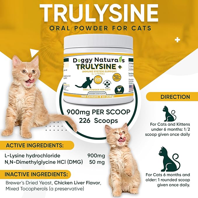 Trulysine Plus L-Lysine for Cats Immune Support Oral Powder 8oz/226g - Cats &amp; Kittens of All Age, Sneezing, Runny Nose Squinting, Watery Eyes Chicken Liver Flavor (U.S.A)(226 Grams (900mg / Scoop))