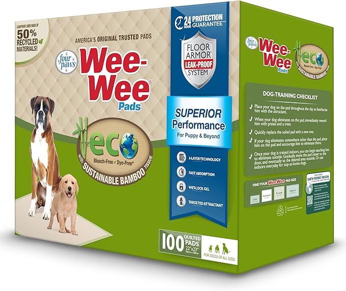 Four Paws Wee-Wee Superior Performance Bamboo Pee Pads for Dogs, Earth Friendly Dog &amp; Puppy Potty Training Pads, Crate Liners, Housebreaking Supplies, 22" x 23" (100 Count)