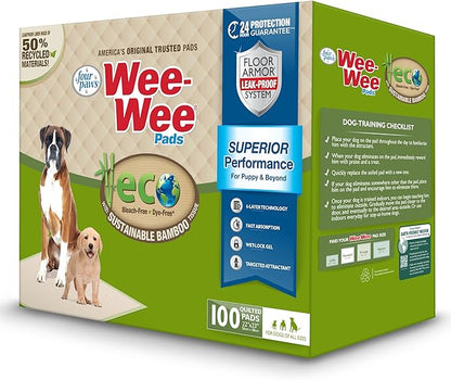 Four Paws Wee-Wee Superior Performance Bamboo Pee Pads for Dogs, Earth Friendly Dog &amp; Puppy Potty Training Pads, Crate Liners, Housebreaking Supplies, 22" x 23" (100 Count)