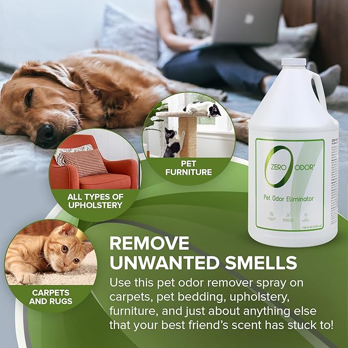 Zero Odor - Pet Odor Eliminator for strong odor, Eliminate Air &amp; Surface Odors – Patented Molecular Technology Best For Carpet, Furniture, Beds Smell Great Again (128 Ounces)