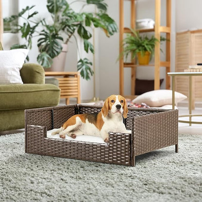 YITAHOME Rattan Dog Sofa Bed with Cushion,Wicker Pet Bed Sofa Couch Indoor Outdoor Water Unaffected for Large Medium Small Dogs Cats (24.8&