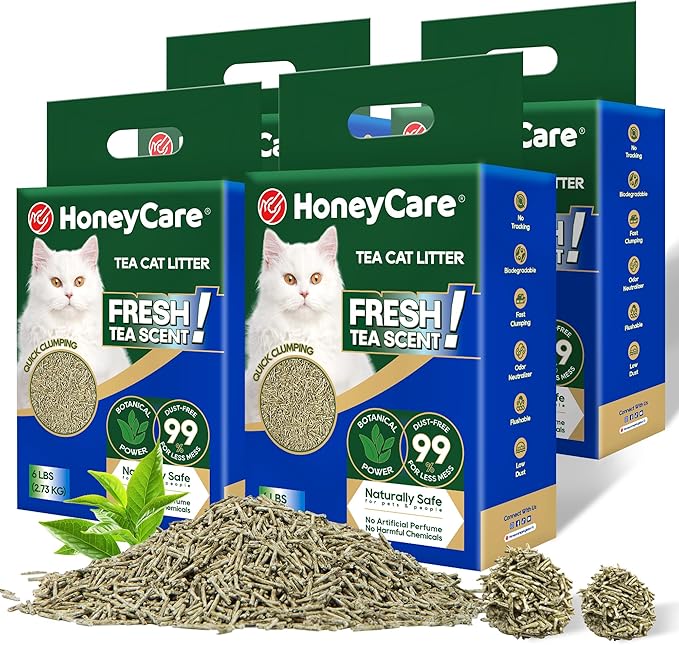 HoneyCare Tea Cat Litter | Natural Plant-Based Formula | Long-Lasting Odor Control | 99% Dust-Free &amp; Low Tracking | Flushable Cat Litter | 24-lbs Value Pack (6 lbs x 4)