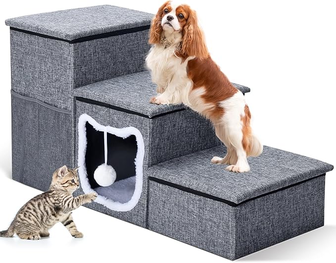 Bilibrara Dog Stairs for Small Dogs, Foldable Pet Steps for High Bed, Non-Slip 3-Step Cat Stairs with Storage, Condo and Fluffy Ball, Small Dog Indoor Ramp for Couch Window, 16&