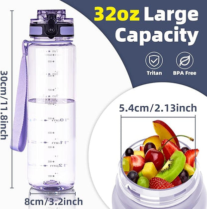 OLDLEY 32 oz Water Bottle, Motivational Water Bottle with Time Marker, Sports Water Bottle With Strap, Leakproof &amp; BPA Free Large Water Bottles for School,Gym,Outdoor, Tritan, Transparent-Purple