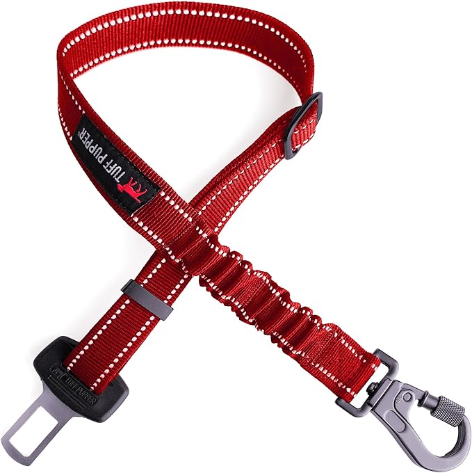 Tuff Pupper Dog Seat Belt | Adjustable Length Dog Seatbelt Restraint | Tangle-Free Locking Carabiner | Shock-Absorbing Bungee | Reflective Stitching for Visibility | Universal Fit for Cars &amp; Trucks