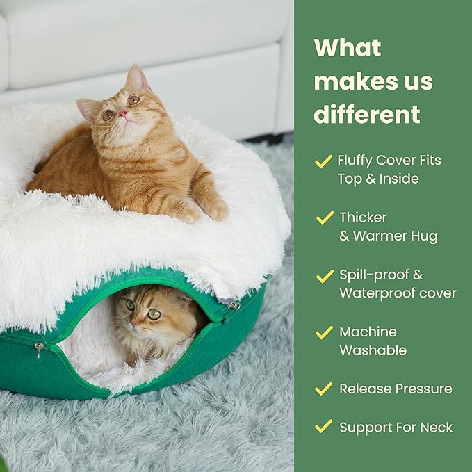 CATTASAURUS Peekaboo Cat Cave for Multiple &amp; Large Cats Up to 30-45 Lbs, Fluffy Cat Beds &amp; Furniture, Scratch Detachable &amp; Washable Tunnel Bed, Comfy Donut Bed (Forest Green, Large (Calming))