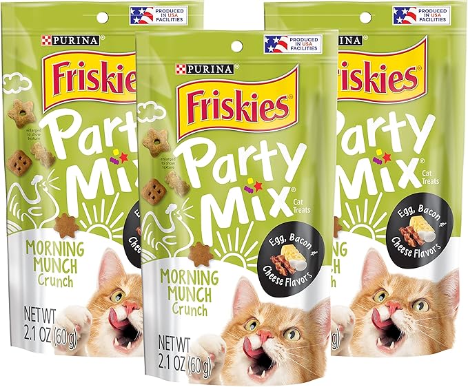 Purina Friskies Party Mix Cat Treats, Morning Munch Crunch with Egg, Bacon &amp; Cheese Flavors, Crunchy &amp; Bite-Sized Cat Treats, 2.1 OZ Pouch (Pack of 3)