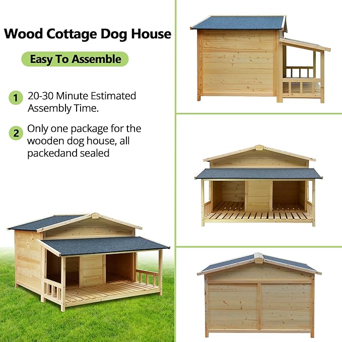 Large Outdoor Wooden Dog House – Weatherproof Double Kennel with Asphalt Roof &amp; Covered Porch, Ideal for Medium to Large Breeds
