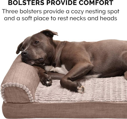 Furhaven Cooling Gel Dog Bed for Large/Medium Dogs w/ Removable Bolsters &amp; Washable Cover, For Dogs Up to 55 lbs - Luxe Faux Fur &amp; Performance Linen Sofa - Woodsmoke, Large
