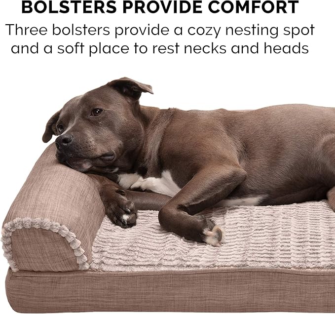 Furhaven Cooling Gel Dog Bed for Medium/Small Dogs w/ Removable Bolsters &amp; Washable Cover, For Dogs Up to 35 lbs - Luxe Faux Fur &amp; Performance Linen Sofa - Woodsmoke, Medium
