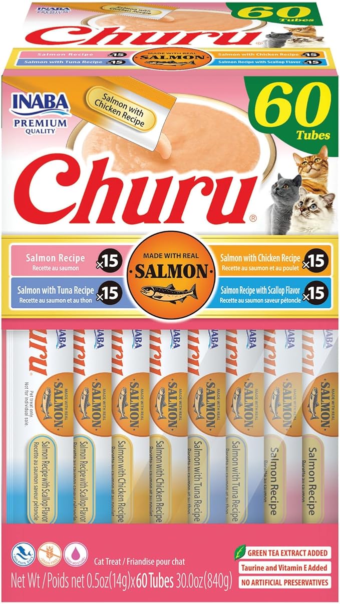 INABA Salmon Churu Cat Treats, Lickable, Squeezable Creamy Purée Cat Treat with Green Tea Extract &amp; Taurine, 0.5 Ounces Each Tube, 60 Tubes, Salmon Variety Box