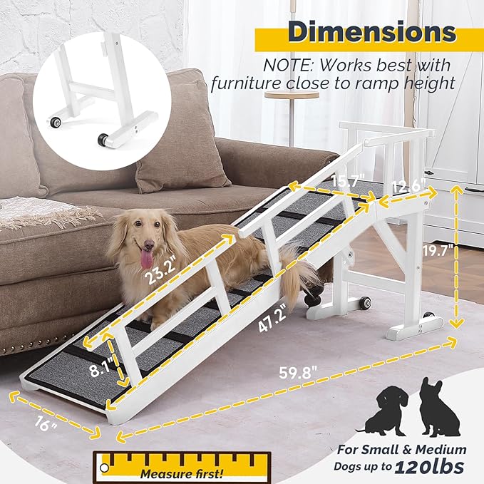 Dog Ramp for Bed or Couch, Wooden Pet Ramp with 20° Gentle Slope, Removable Side Rails, Non-Slip Surface, Top Platform &amp; Wheels, Safe Bed Ramp for Small, Medium &amp; Senior Dogs, 60" Long, White