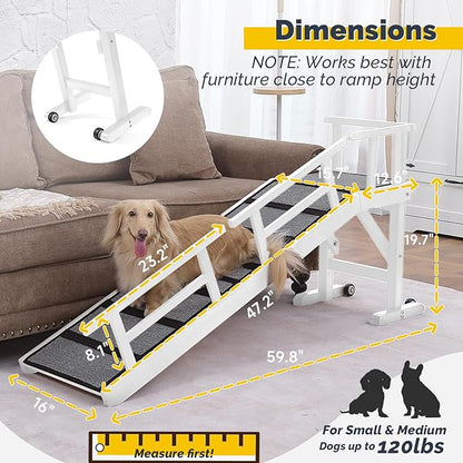 Dog Ramp for Bed or Couch, Wooden Pet Ramp with 20° Gentle Slope, Removable Side Rails, Non-Slip Surface, Top Platform &amp; Wheels, Safe Bed Ramp for Small, Medium &amp; Senior Dogs, 60" Long, White
