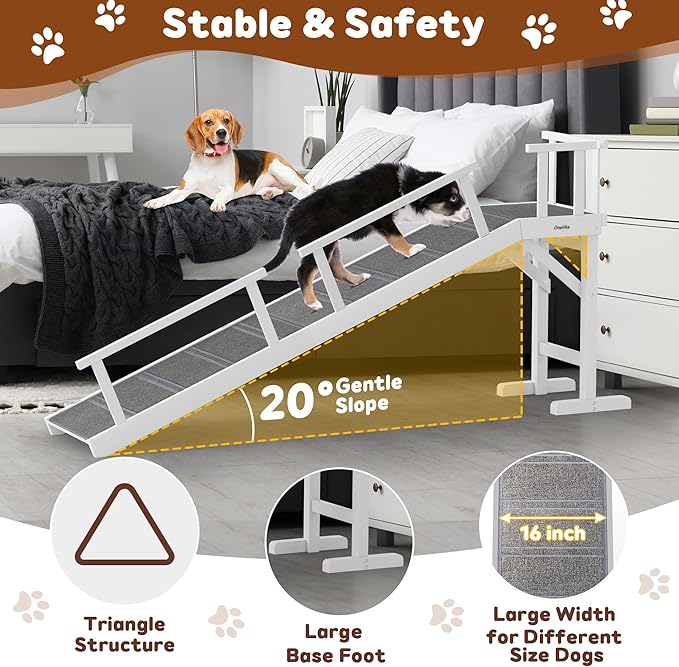 Onelike Wooden Dog Ramp for Bed with Removable Side Rail and Non-Slip Carpet, Stable Pet Ramp Stair for Couch Sofa for Small &amp; Large &amp; Senior Dogs, 74" Long Ramp White