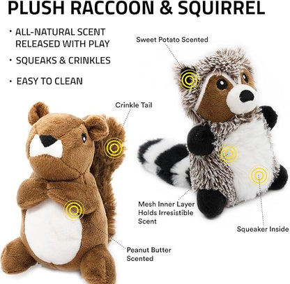 Playology Dog Toys | Plush Toy Raccoon &amp; Squirrel (Value 2-Pack) Stuffed Animal for Dogs | Small Peanut Butter/Sweet Potato Scented Toys - Easy to Clean and Made from Non Toxic Materials