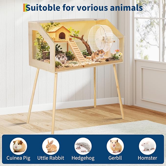 Wooden Hamster Cage with Legs, 40" l x 20" w x 47.5" h Guinea Pig Cages Chew Proof,Large Hamster Habitats Enclosure with Acrylic Window &amp; Openable Top for Guinea Pig, Chinchilla, Gerbil