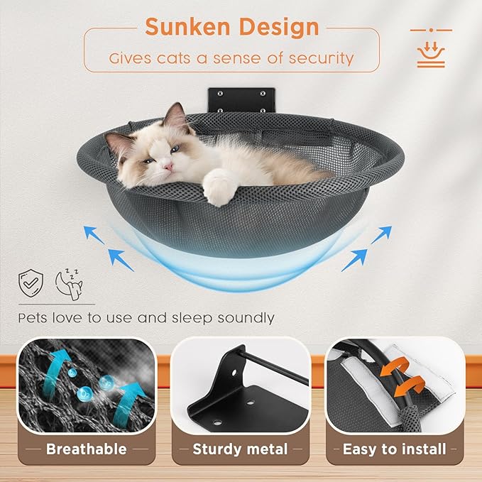 Cat Hammock Wall Mounted, Foldable &amp; Stable Cat Beds- Breathable Cat Wall Shelves for Sleeping, Playing, Climbing, and Lounging - Maximum Hold Up to 30lb (Gray)