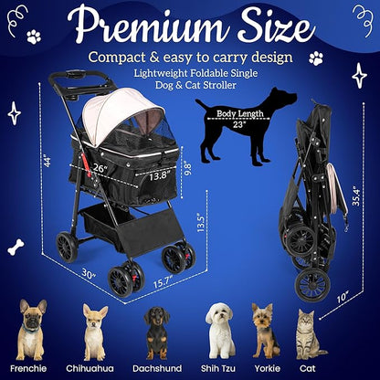 Pet Stroller with 4 Rolling Casters for Pets – Lightweight Multifunctional Travel Stroller with Mesh Windows, Cup Holder, Sun Shades &amp; Storage Pocket for Puppy and Kitty