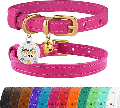 BRONZEDOG Leather Cat Collar with Removable Bells Non Breakaway Kitten QR Tag for Girl Boy (7" - 9" for Cats, Pink &amp; Gold)