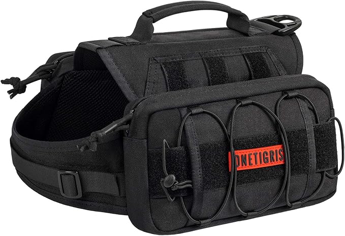 OneTigris Dog Backpack for Medium &amp; Large Dogs, Nylon Backpack for Dogs Tactical Pet Backpack with Side Pockets for Hiking Walking Training Running (Black, Medium)