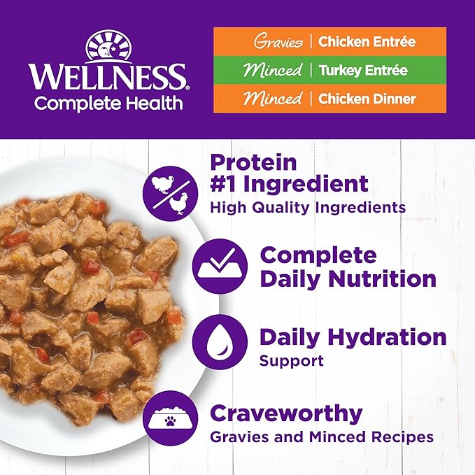Wellness Complete Health Gravy and Minced Adult Wet Cat Food, Natural, Protein-Rich, Grain-Free, 3 Ounce, 12 Pack, (Chicken &amp; Turkey Lovers Variety Pack)