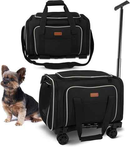 Pet Carrier for Travel - Small Dogs/Cats - 15 LBS MAX Dogs/Cats Expandable - Airline Approved &amp; Roomy - Premium Pets Carrier with Wheels - Cozy Soft-Lined Travel Carrier - Stylish Black Design