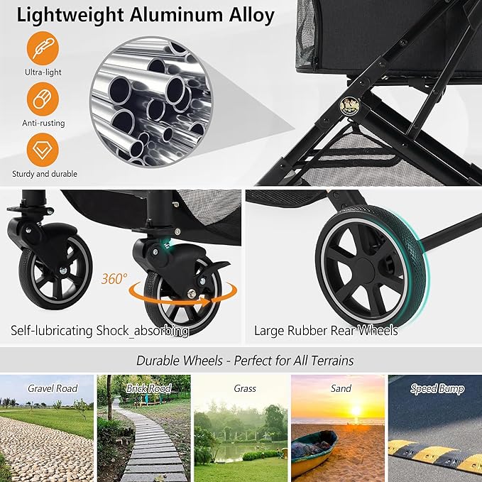 Kenyone 3-in-1 Pet Stroller for Small Medium Dogs Puppy Cat Stroller with Detachable Carrier &amp; Pad Lightweight Foldable Aluminum Alloy Frame Dual No-Zip Entry(Black)
