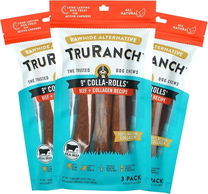 Collagen Rolls - 9" Collagen Rolls for Dogs - Long Lasting Healthy Joint Support - Rawhide Alternative - Skin &amp; Coat Health - Made with Real Beef, Value Pack, 3 Bags, 9 Count