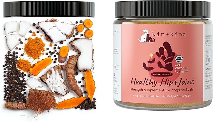 kin+kind Hip+Joint Supplement Dogs &amp; Cats - Vet Formulated Natural Formula with Organic Turmeric, Black Pepper and Coconut- Made in USA - Bundle (3 x 4 oz)