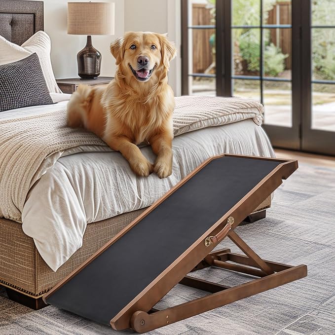 Dog Ramp, Adjustable Height Wooden Folding Pet Ramp for Bed, Couch,SUV-High Traction, Portable Paw Ramps for Small &amp; Large Old Dogs &amp; Cats - Furniture Quality