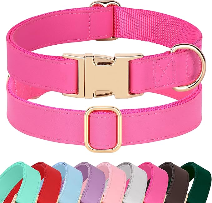 PET ARTIST Soft PU Leather Dog Collar, Bright &amp; Stylish Hot Pink Dog Collar Girl with Quick Release Rose Metal Buckle, Nylon Padded Durable Pet Collars Adjustable for Medium Dogs, Neck Fit 13-19"