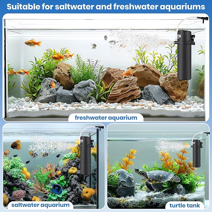 Aquarium Filter for 15-40 Gallon Tank, Submersible Fish Tank Filters with Wave-Maker Oxygenation Circulation, Adjustable Air Flow Filter for Freshwater &amp; Saltwater (8W)