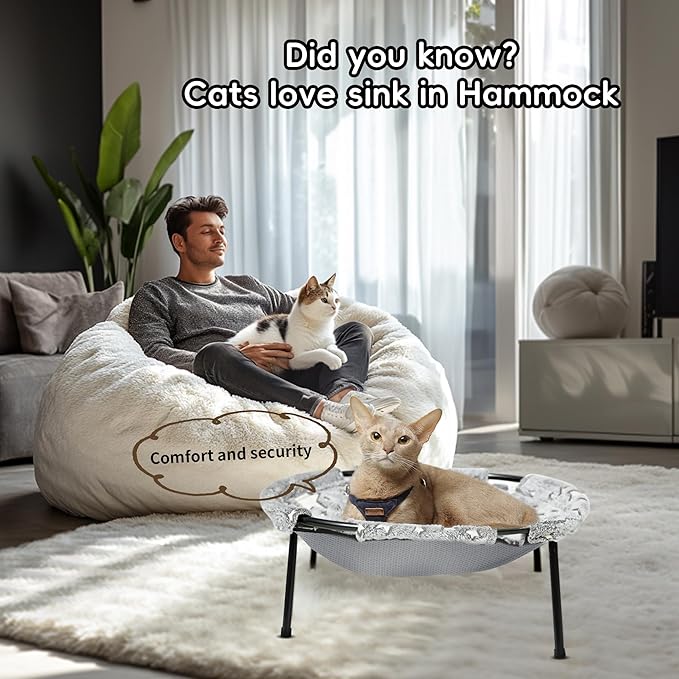 Elevated Cat Bed, Glow-in-The-Dark Fabric Cat Hammock Bed for Large Indoor Cats, Machine Washable &amp; Breathable Cover, Tool Free Easy Assembly, up to 66Lbs (Gray, L)
