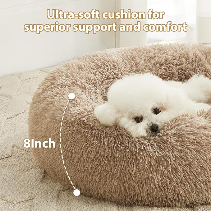 WNPETHOME Calming Dog Bed &amp; Cat Bed, Anti-Anxiety Donut Small Dog Beds, Fluffy Faux Fur Cat Cushion Dogs Bed for Small Dogs and Pet (24 x 24 Inch, Brown)