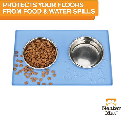 Neater Pet Brands Neater Mat Pet Mats for Food and Water, Cat &amp; Dog Bowl Mat Waterproof Silicone, Feeding Tray, Dog Food Mats for Floors, Placemat w/Raised Edge for Under Bowls, 16” x 10”, Light Blue