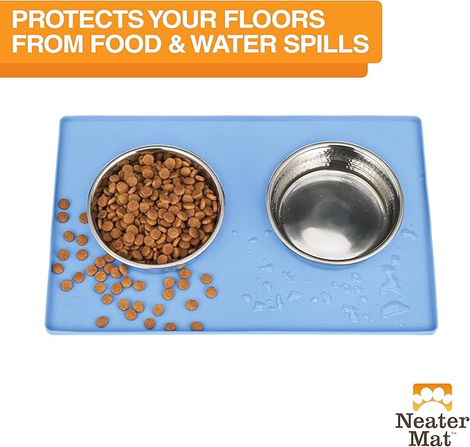 Neater Pet Brands Neater Mat Pet Mats for Food and Water, Cat &amp; Dog Bowl Mat Waterproof Silicone, Feeding Tray, Dog Food Mats for Floors, Placemat w/Raised Edge for Under Bowls, 19” x 12”, Light Blue