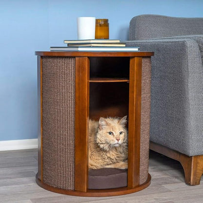 THE REFINED FELINE Purrrrfect End Table Cat Bed Cave in Mahogany Brown, Multipurpose Wood Cat Furniture Nightstand, Easy to Clean Covered Cat Bed with Replaceable Scratching Post &amp; Washable Cushion