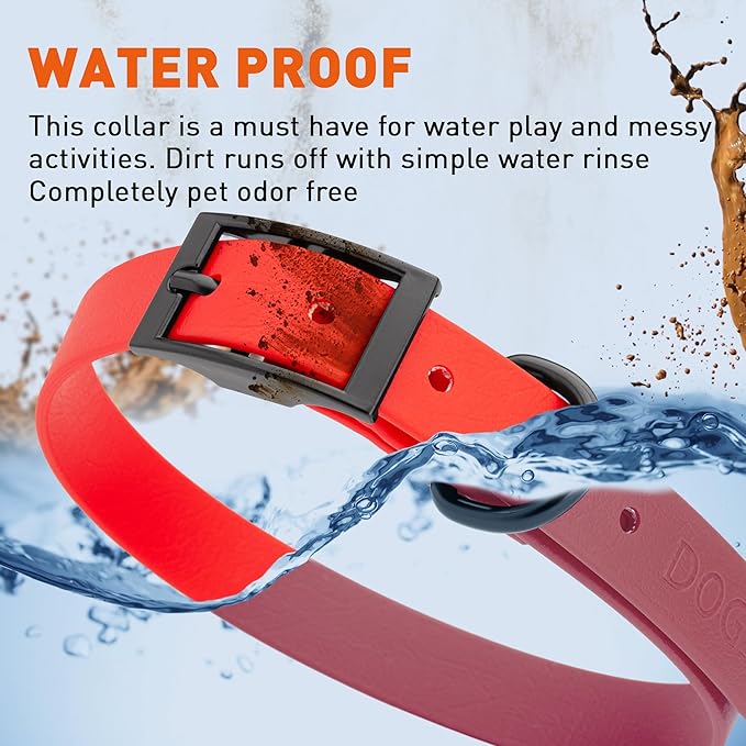 Dogline Biothane Waterproof Dog Collar Strong Coated Nylon Webbing with Black Hardware Odor- Proof for Easy Care Easy to Clean High Performance Fits Small Medium or Large Dogs, Cherry Red